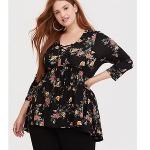 Torrid super soft black floral lace up babydoll top